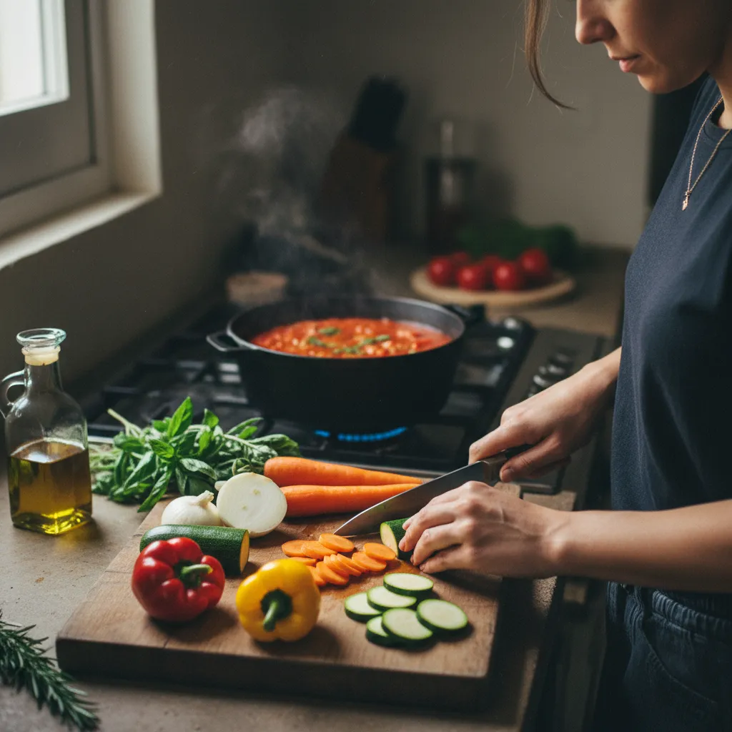 Préparation des bases polyvalentes : découpe des légumes et sauce tomate en arrière-plan