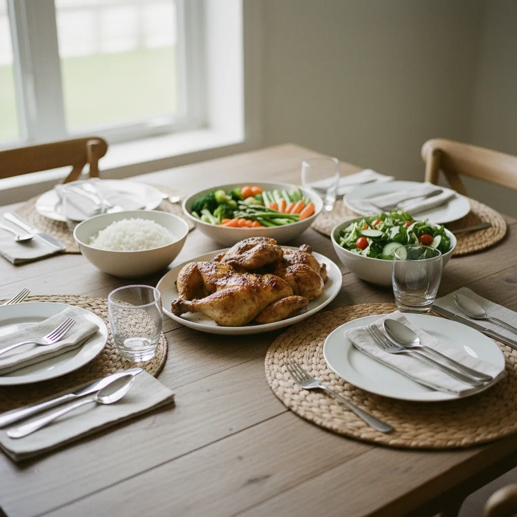 Un repas équilibré type : protéines, légumes de saison et féculents complets pour toute la famille