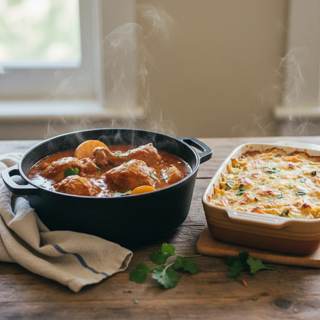 Curry de poulet et gratin de pâtes : deux plats complets qui se bonifient avec le temps