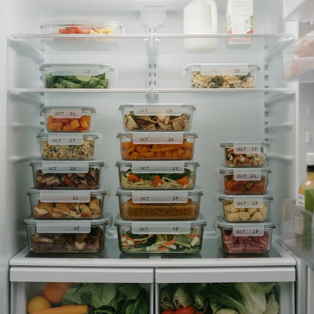 Des contenants en verre étiquetés et bien rangés au réfrigérateur pour la semaine