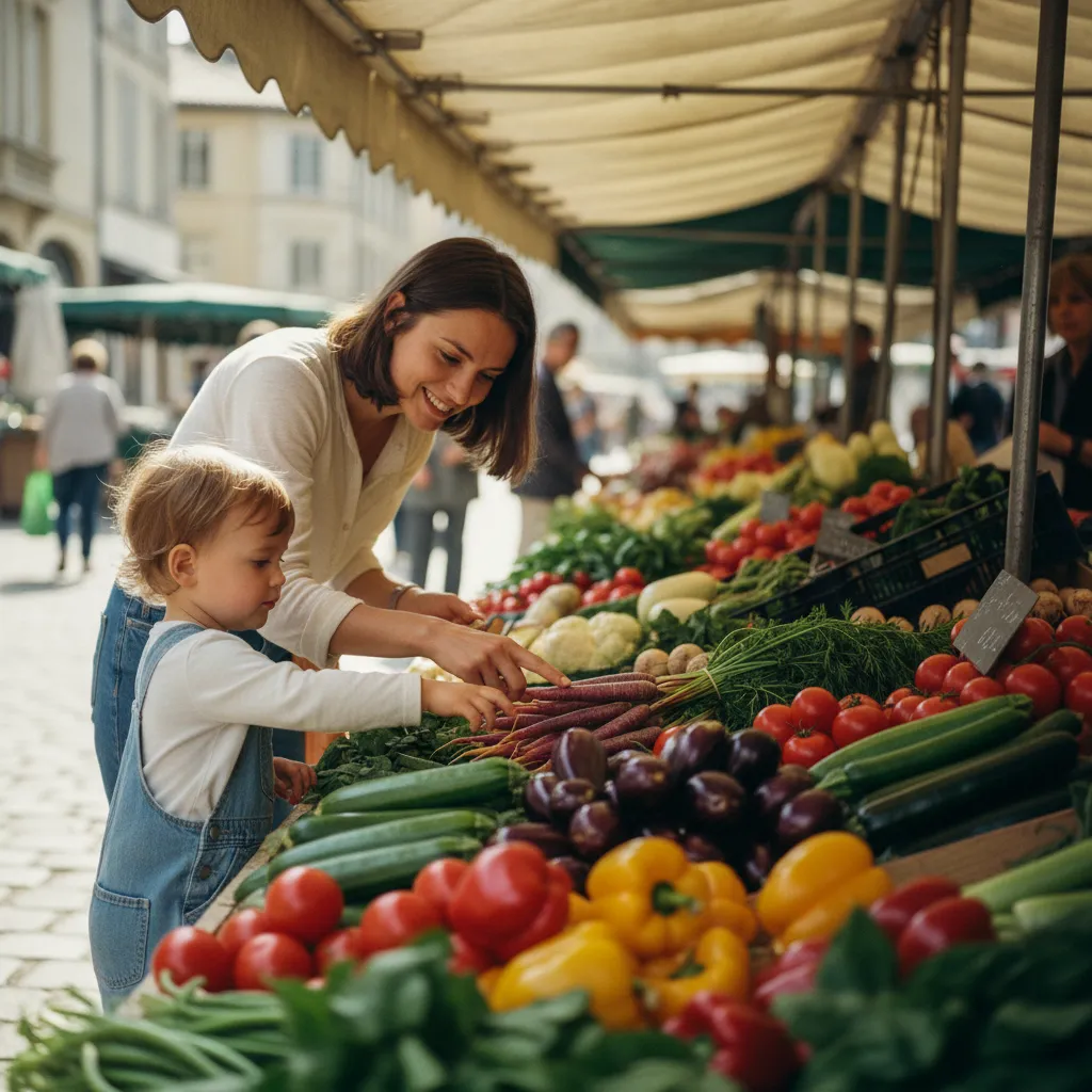 Au marché, chaque enfant peut avoir sa mission : choisir les légumes, peser les fruits ou trouver le fromage
