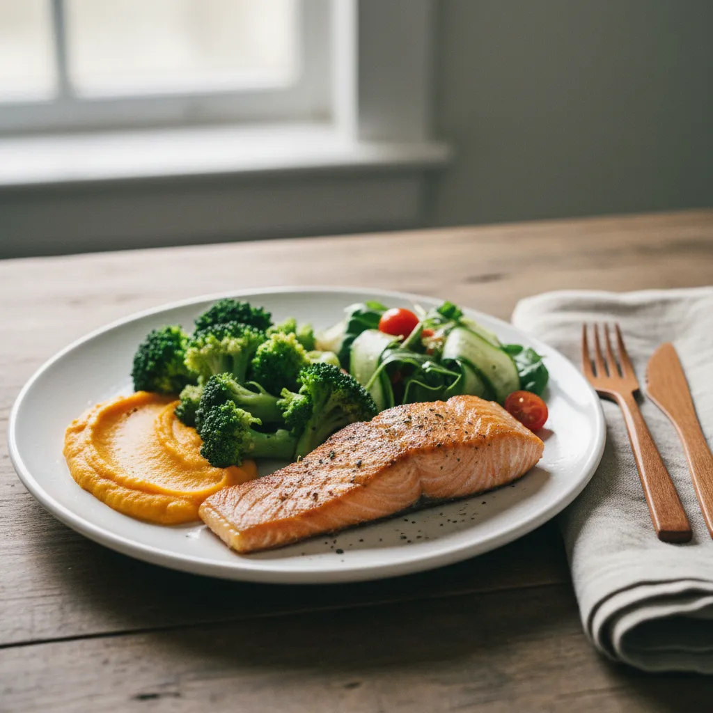 Assiette complète sans gluten ni lactose : saumon grillé, patate douce et brocoli