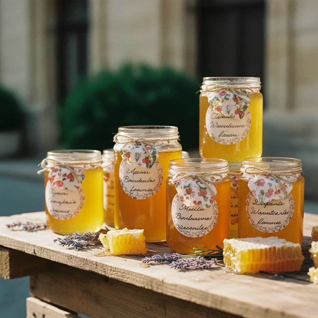 Pots de miel artisanal français vendus sur un marché local