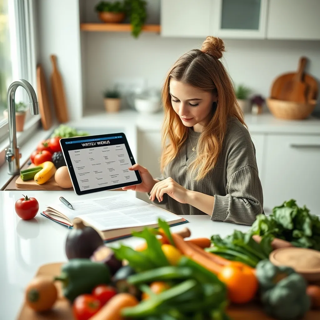 Organisation d'un menu semaine sur tablette dans une cuisine moderne et lumineuse