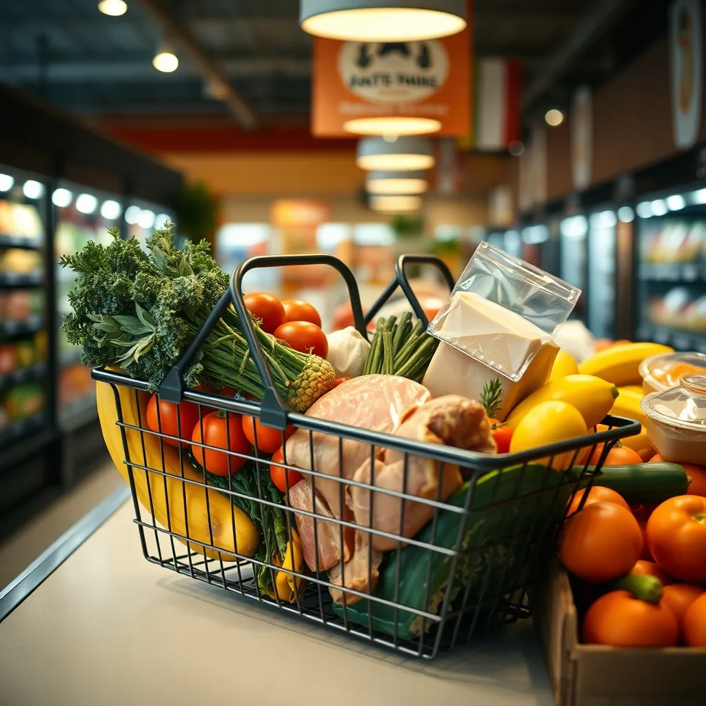 Panier de courses hebdomadaire avec produits frais de saison en supermarché
