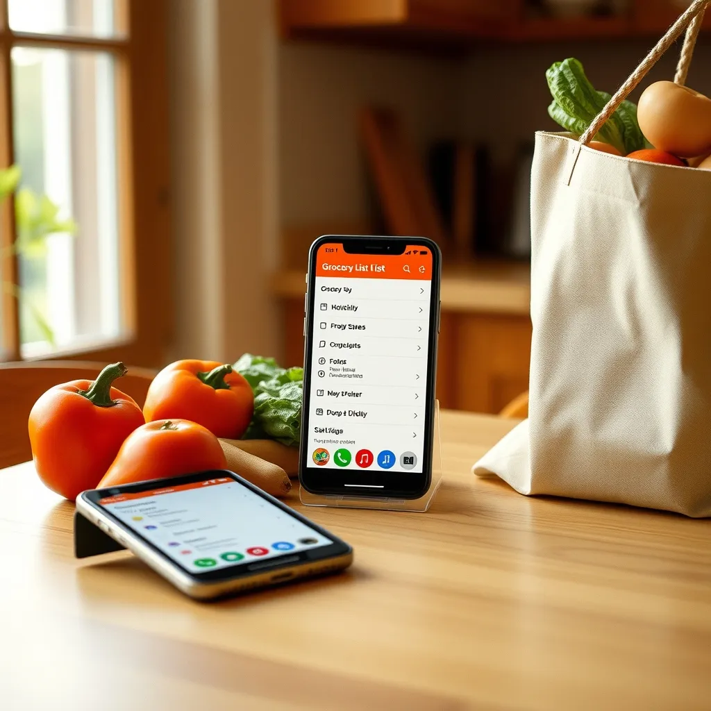 Une app de liste de courses ouverte sur smartphone à côté de légumes frais