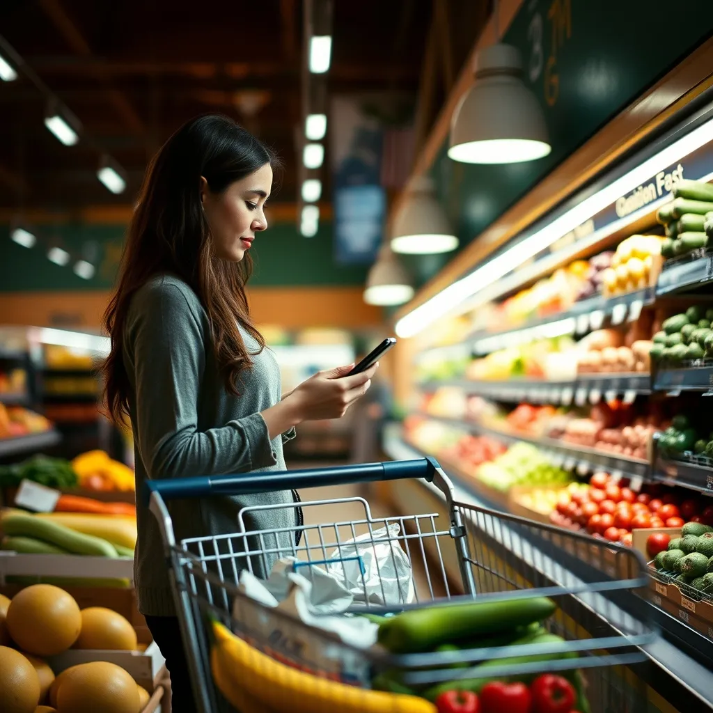 Vérification de la liste partagée sur téléphone au rayon fruits et légumes
