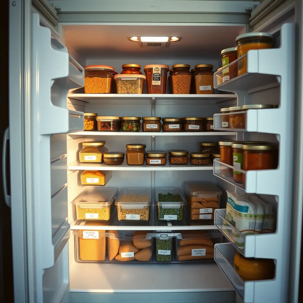 Un réfrigérateur bien organisé avec les préparations de la semaine rangées dans des contenants en verre
