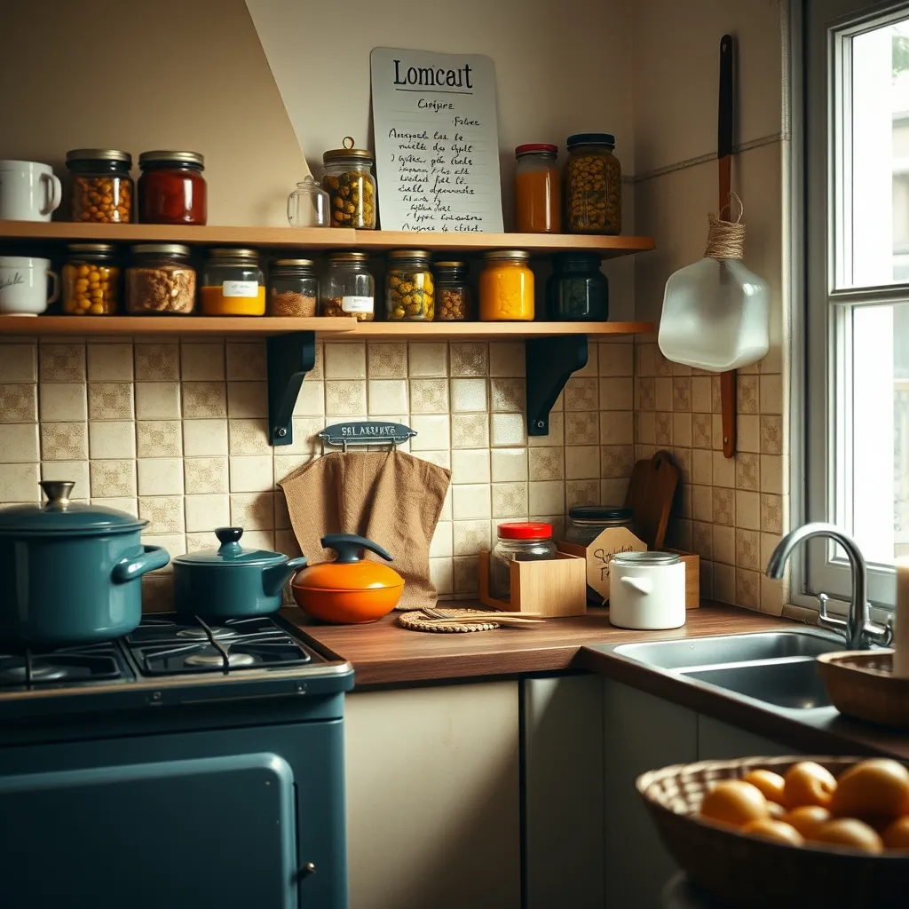 Une cuisine française des années 1950 avec ses bocaux de conserves et ses ustensiles en émail