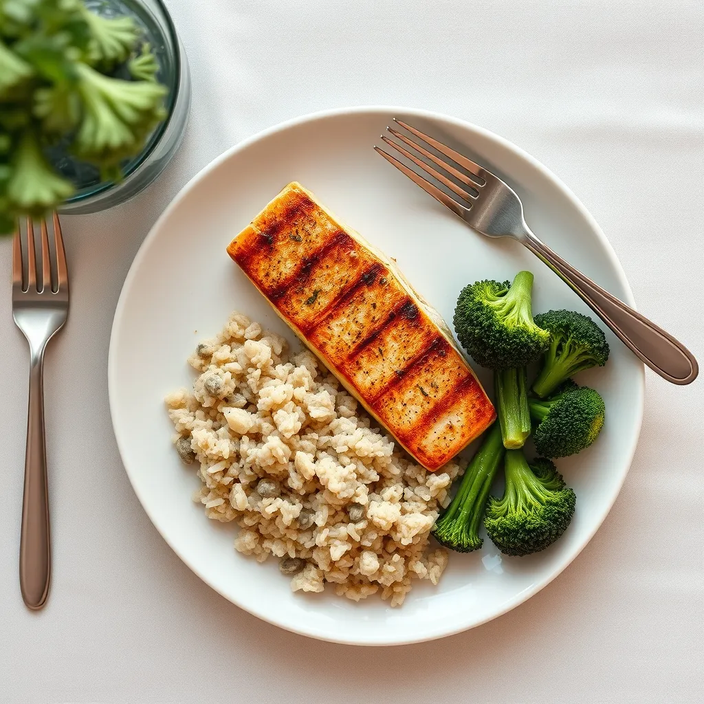 Une assiette équilibrée type : poisson, féculent complet et légumes verts