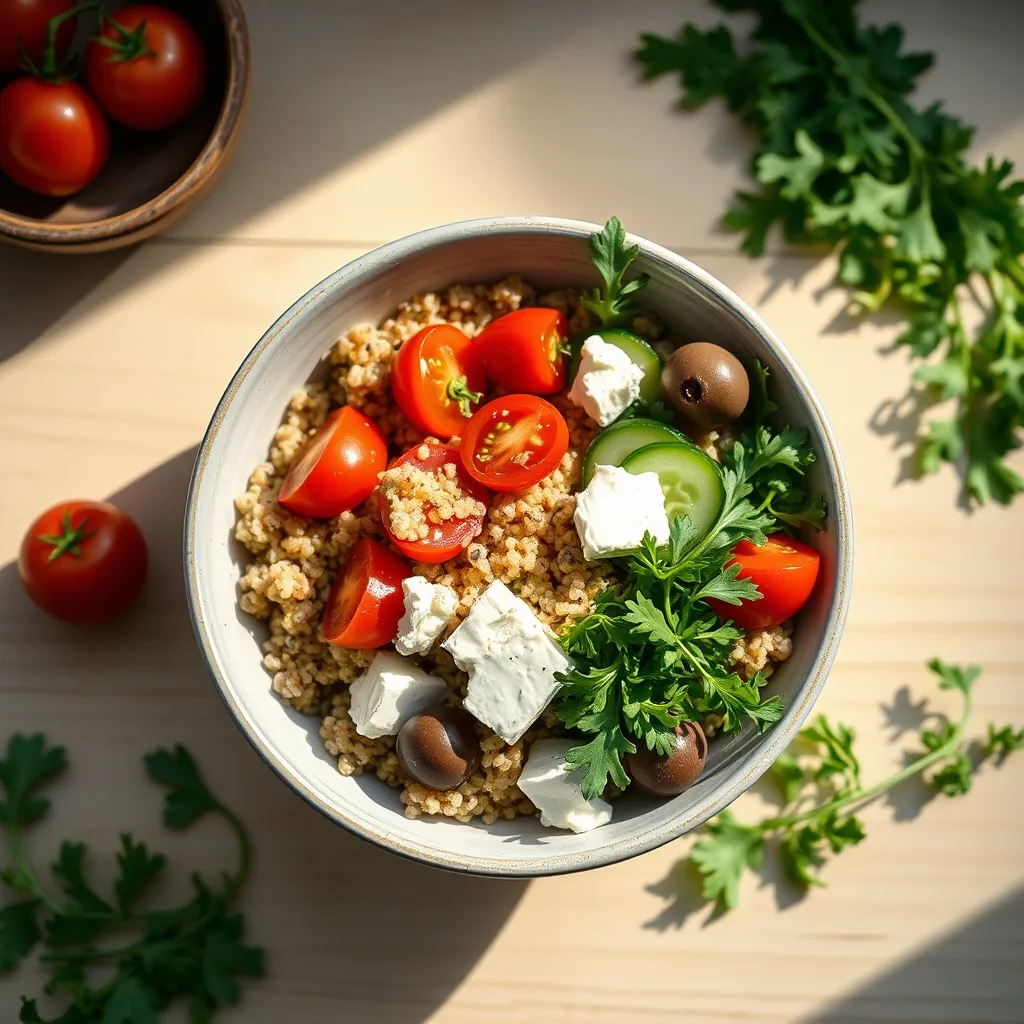 Un bowl méditerranéen au quinoa, complet et prêt en dix minutes