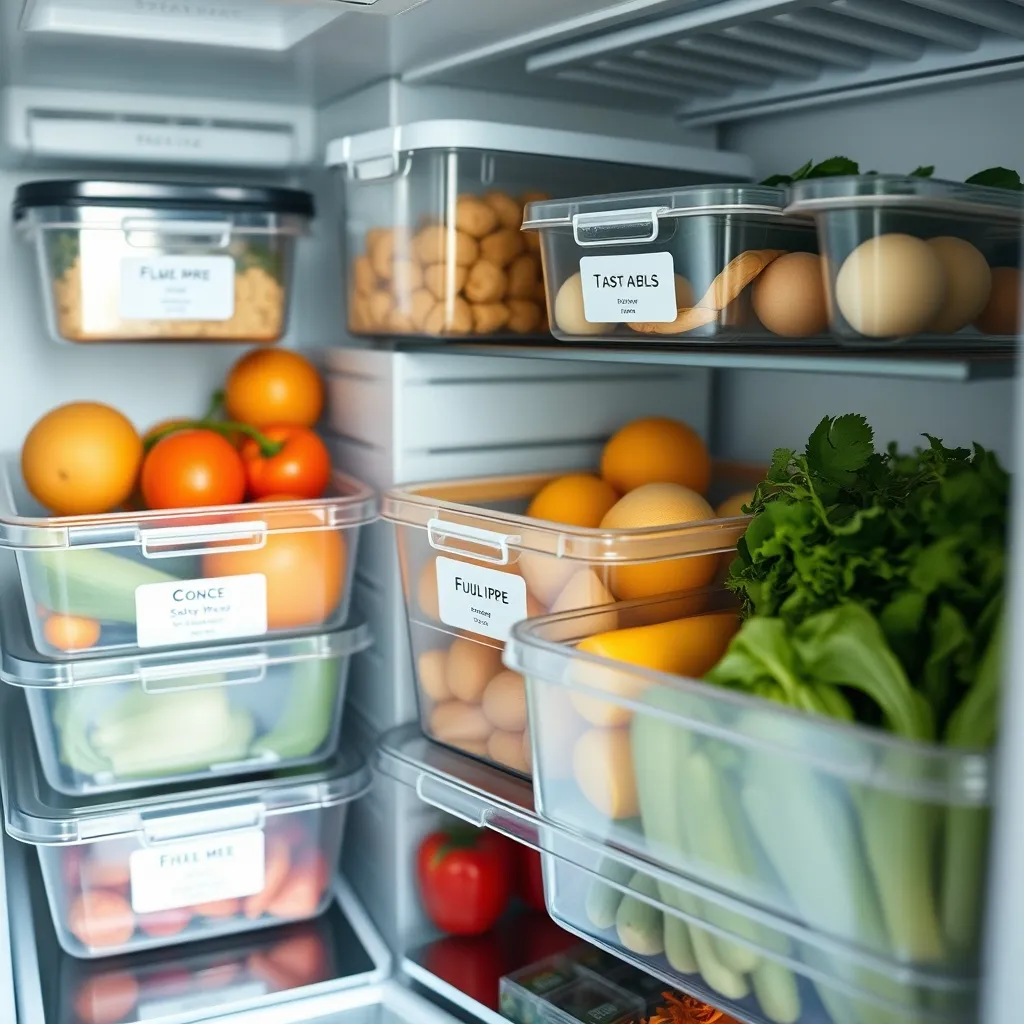 Des bacs de rangement étiquetés facilitent l'organisation et réduisent le gaspillage alimentaire