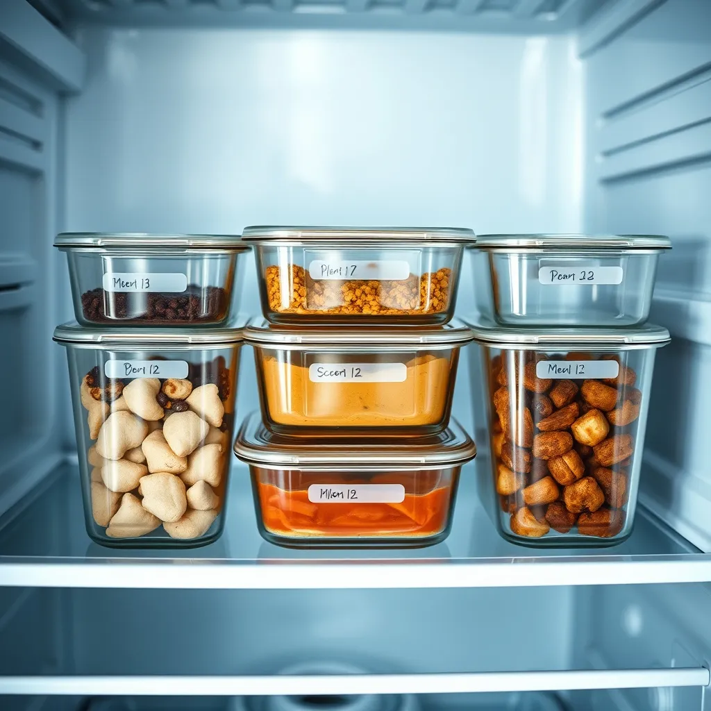 Cinq barquettes étiquetées et rangées au réfrigérateur pour la semaine