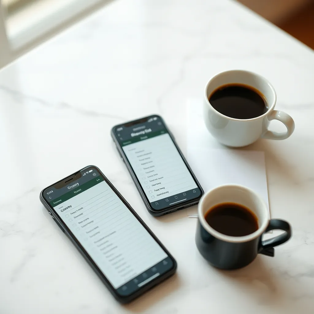 Liste de courses numérique sur smartphone et version papier côte à côte