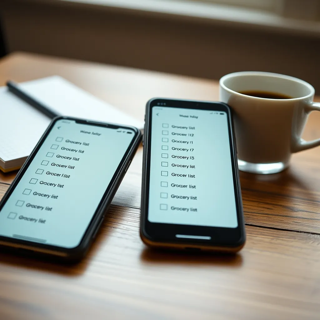 Deux smartphones affichant la même liste de courses synchronisée en temps réel