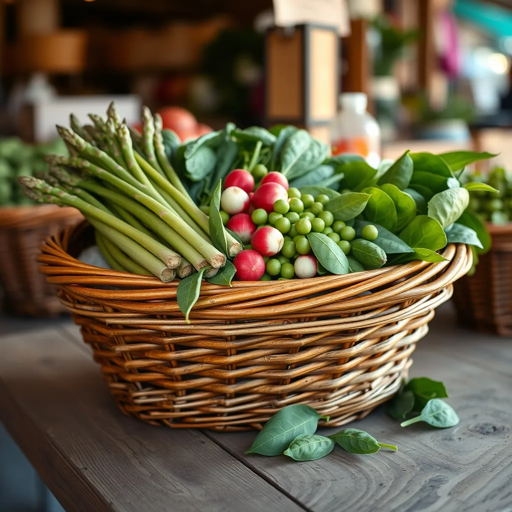 Panier de marché rempli de légumes frais de printemps : asperges, radis, petits pois et fèves