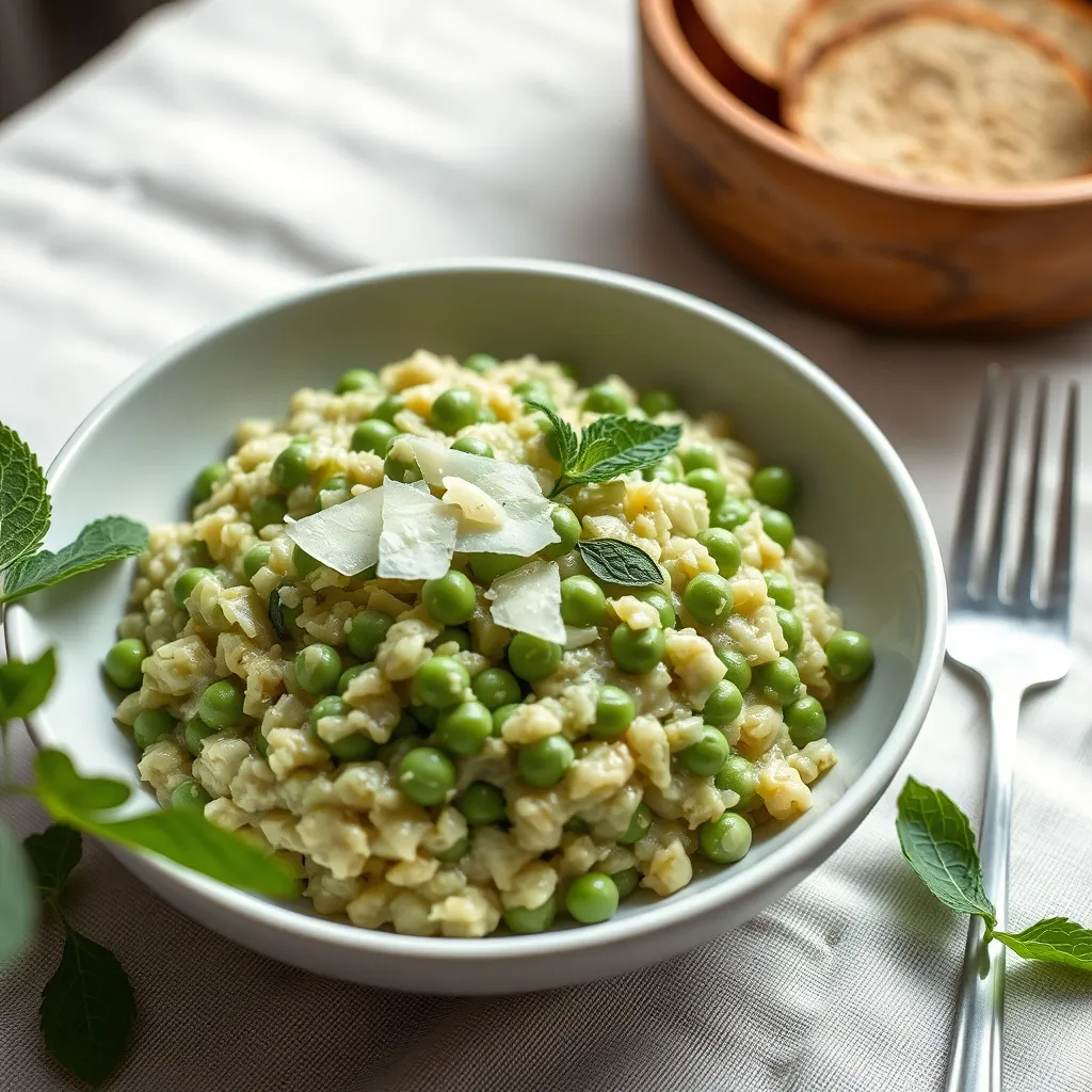 Risotto crémeux aux petits pois frais et copeaux de parmesan, un classique du printemps