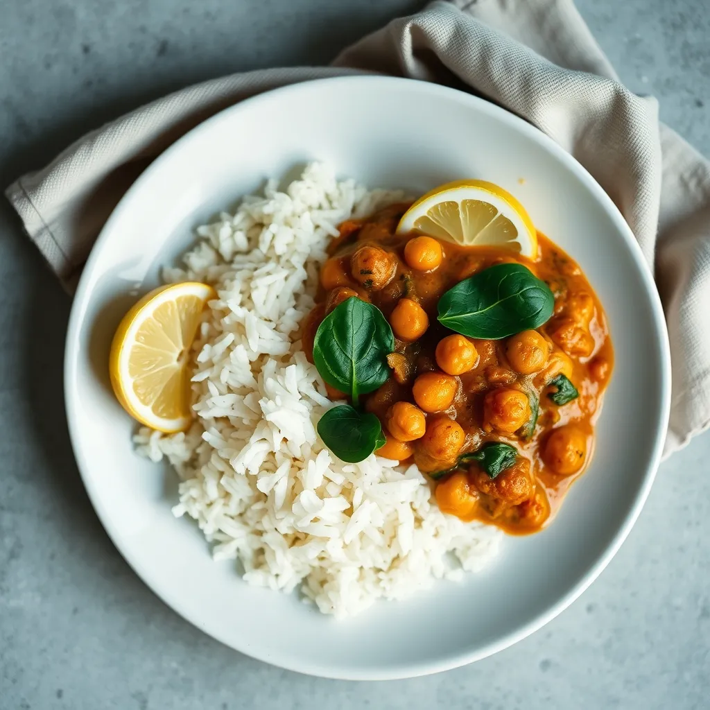 Assiette végétarienne équilibrée : curry de pois chiches, riz et épinards frais