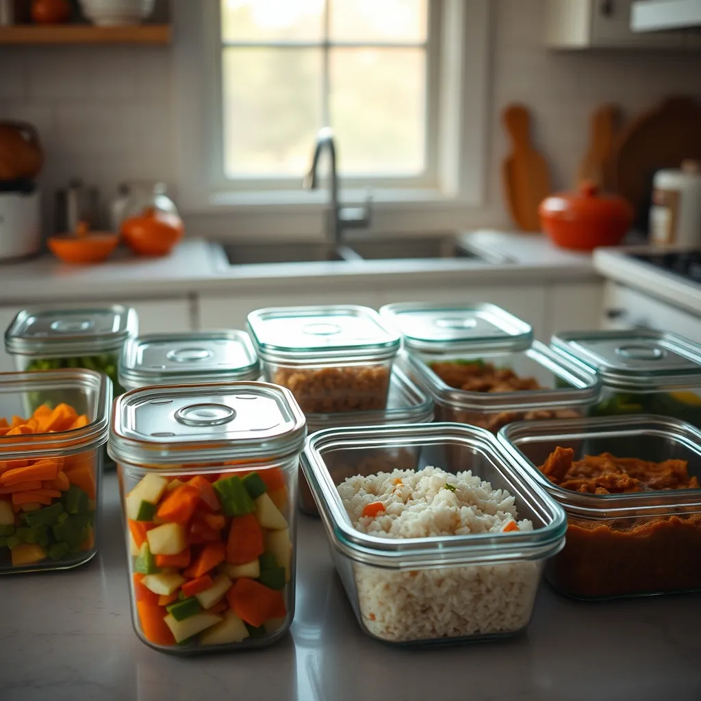 Une session de batch cooking dominical avec les plats portionnés pour la semaine