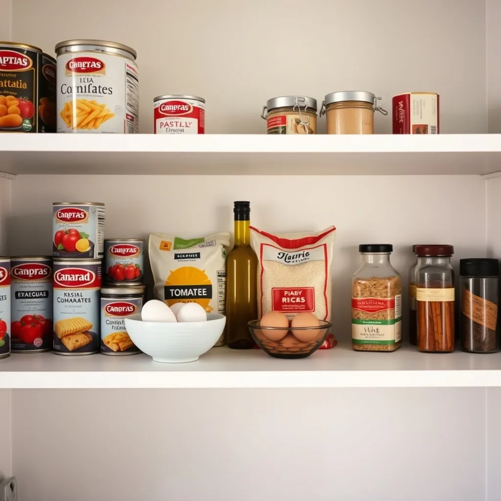 Un placard de base bien garni avec pâtes, conserves, œufs et épices pour cuisiner rapidement