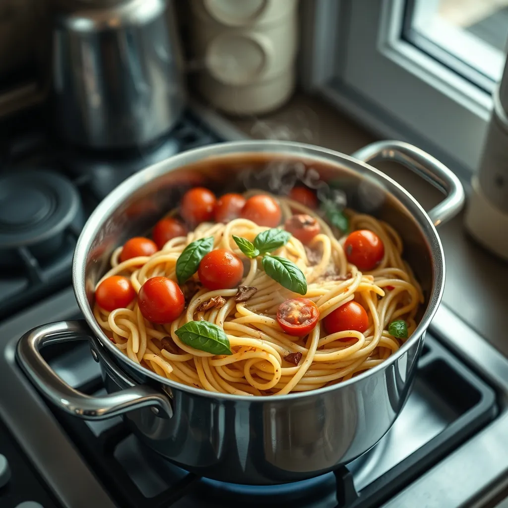Un one-pot pasta aux tomates et basilic prêt en 15 minutes