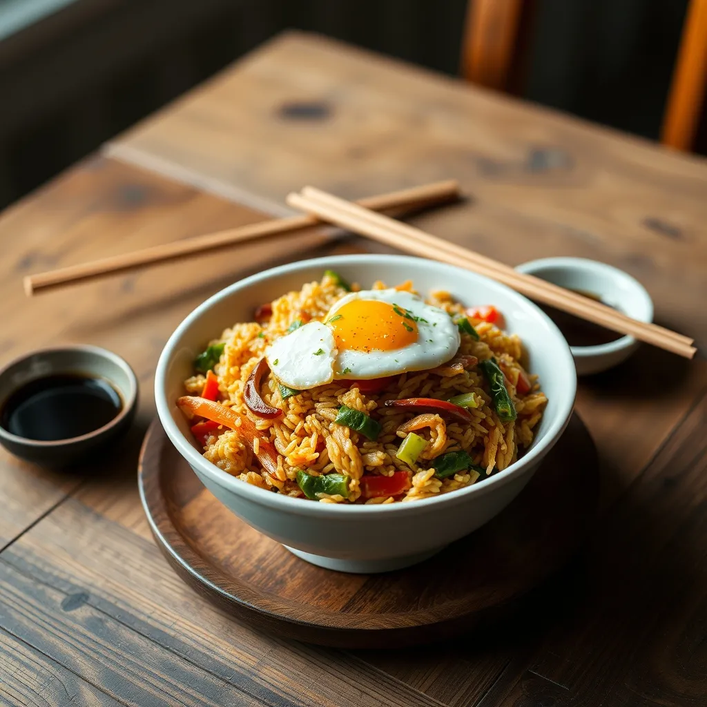 Riz sauté aux légumes et œufs brouillés servi dans un bol