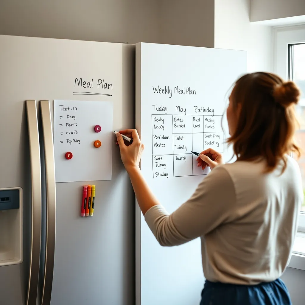 Un tableau blanc sur le frigo pour visualiser le planning repas de toute la famille