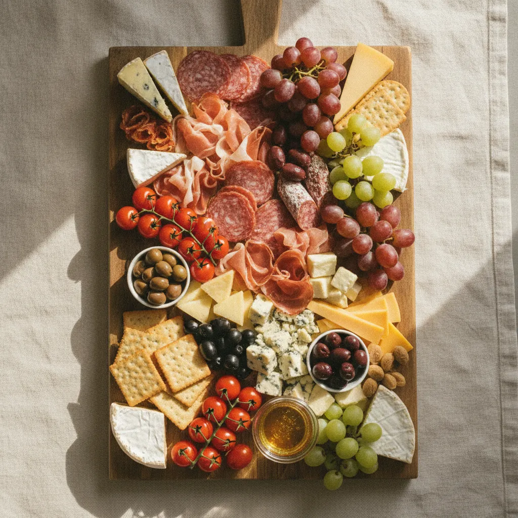Une planche apéro généreuse pour 15 convives avec charcuterie, fromages et crudités