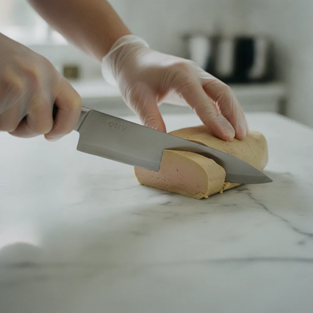 Découpe du foie gras cru en portions avant congélation