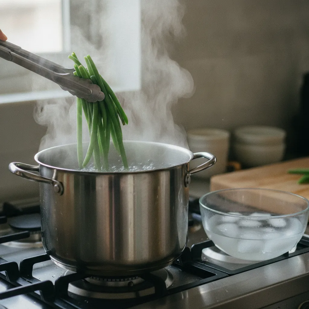 Le blanchiment des haricots verts dans l'eau bouillante avant le bain glacé
