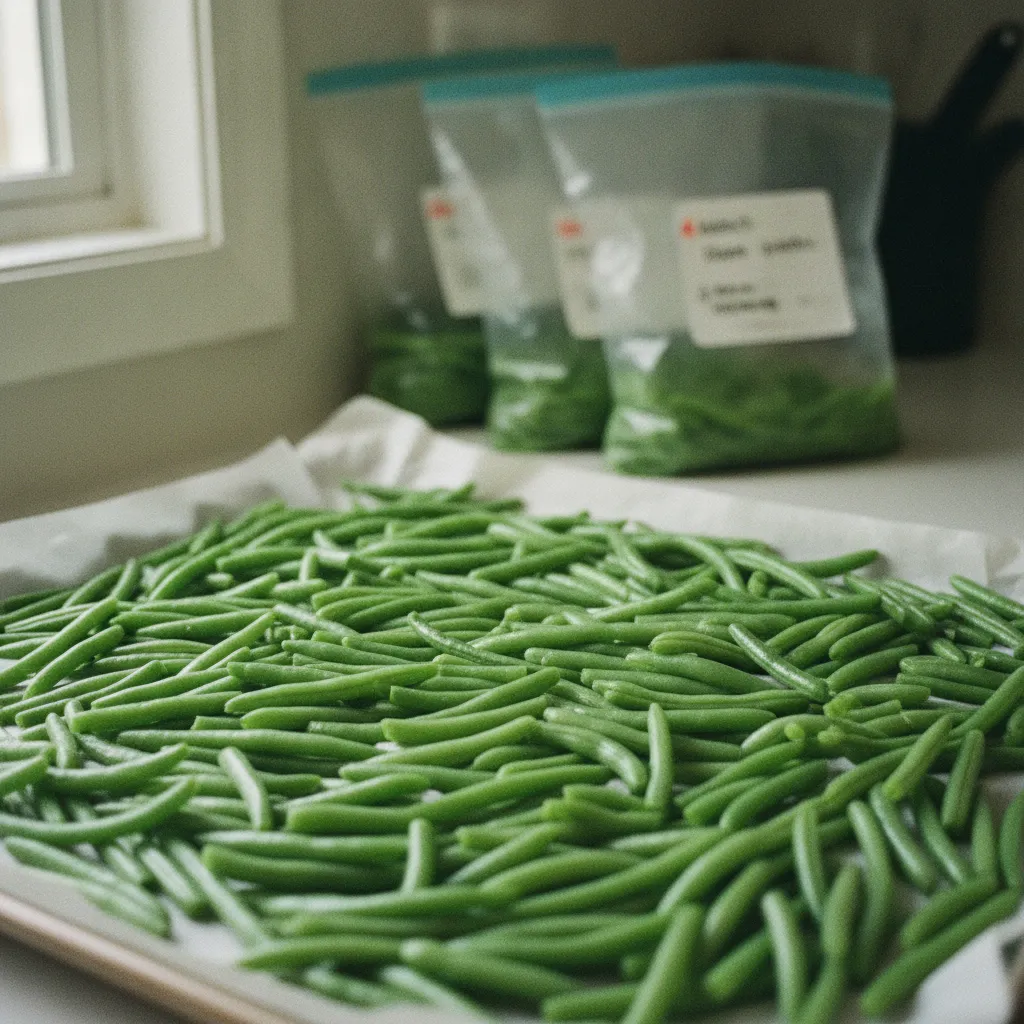 Haricots verts étalés sur un plateau pour la congélation à plat