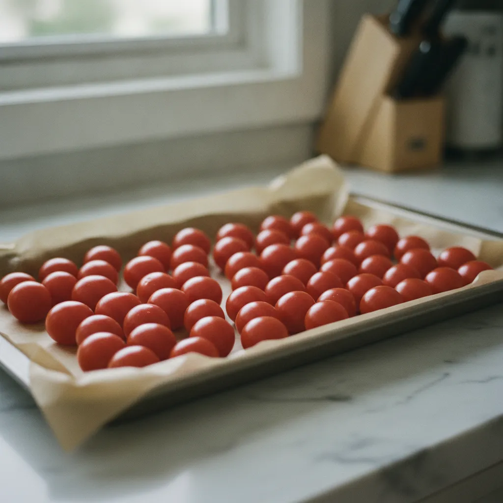Tomates cerises disposées sur un plateau pour la pré-congélation individuelle