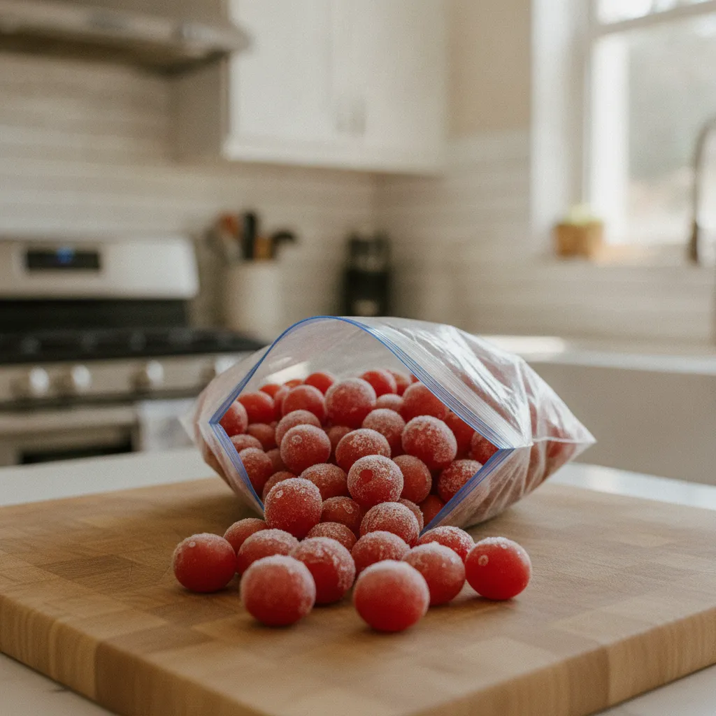 Tomates cerises congelées individuellement, prêtes à être dosées selon les besoins