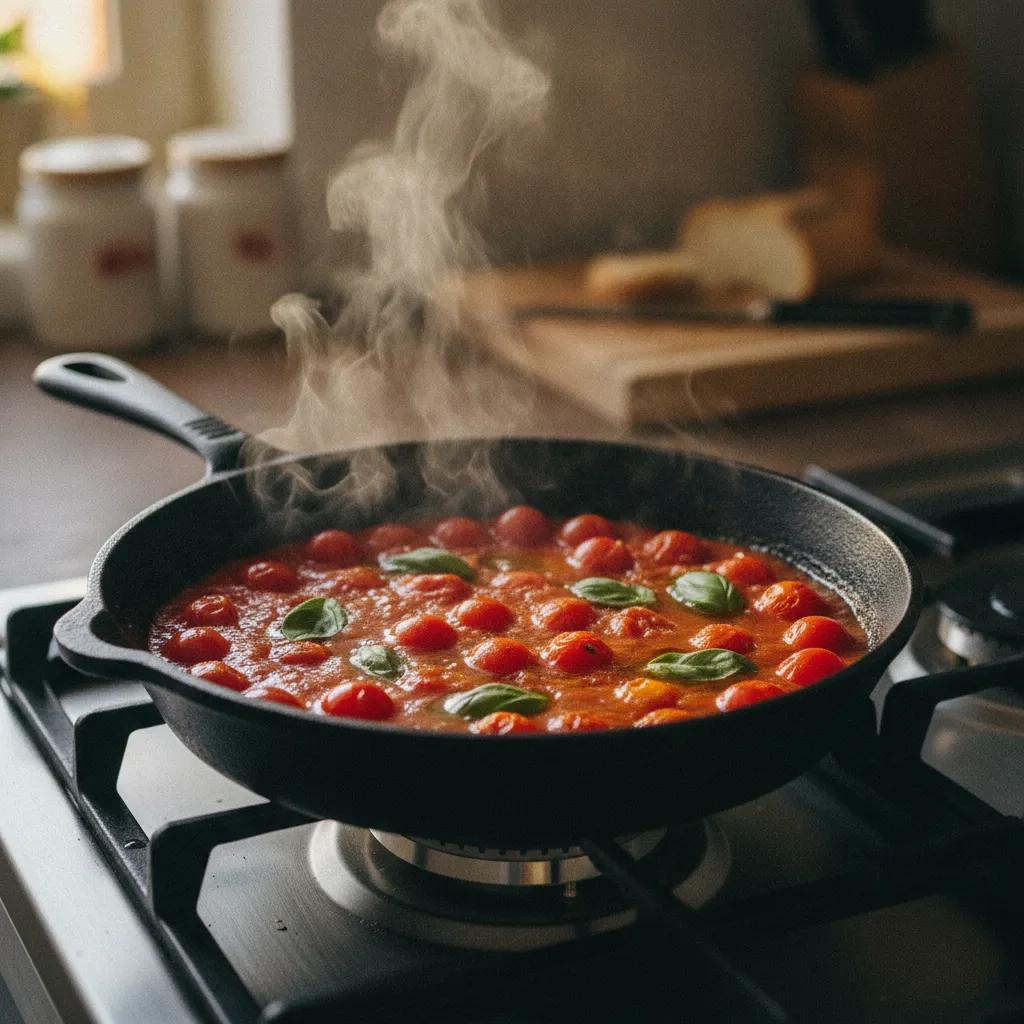 Tomates cerises congelées transformées en sauce express dans une poêle en fonte