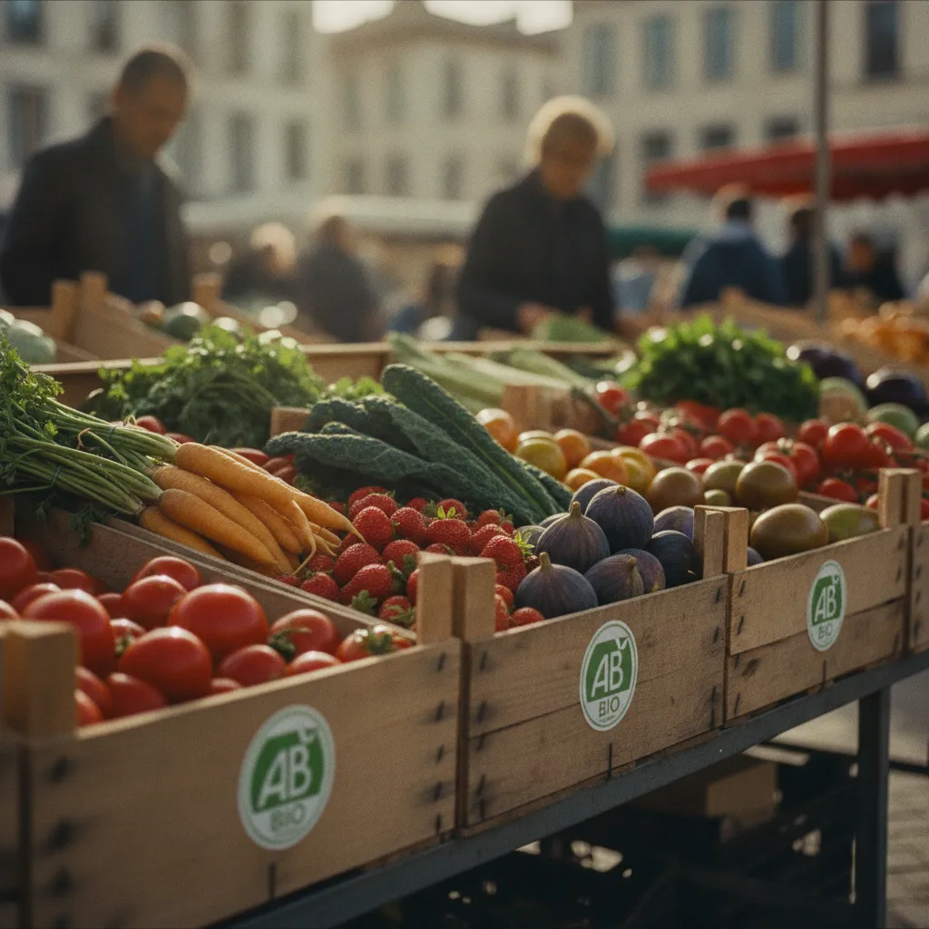 Étal de fruits et légumes bio sur un marché français avec le logo AB bien visible
