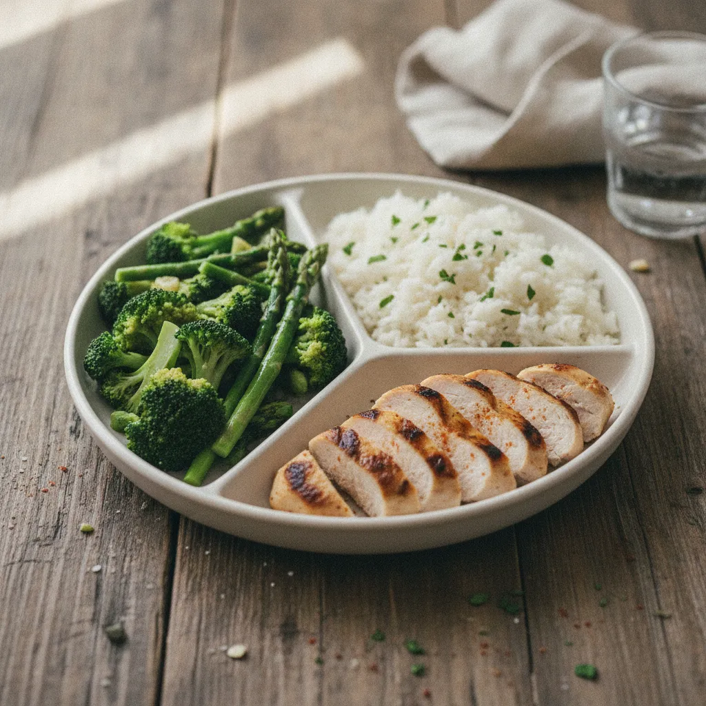 Une assiette équilibrée divisée en trois tiers : légumes, féculents et protéines