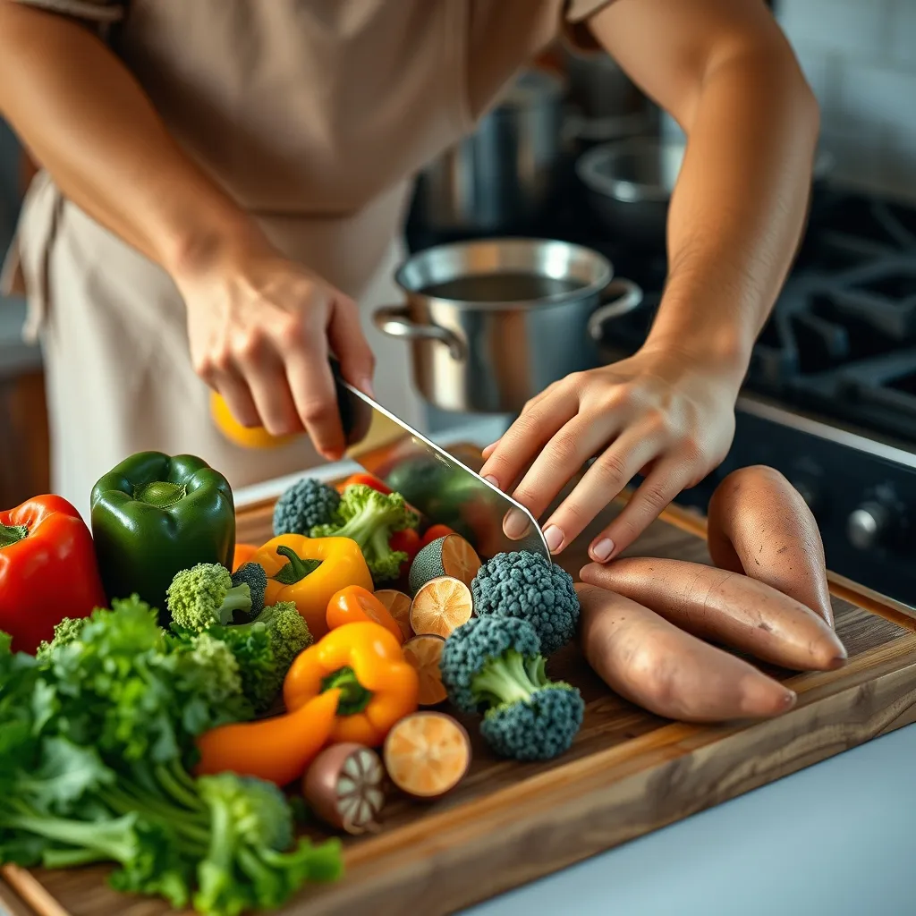Découpe des légumes frais lors d'une session de meal prep dominicale