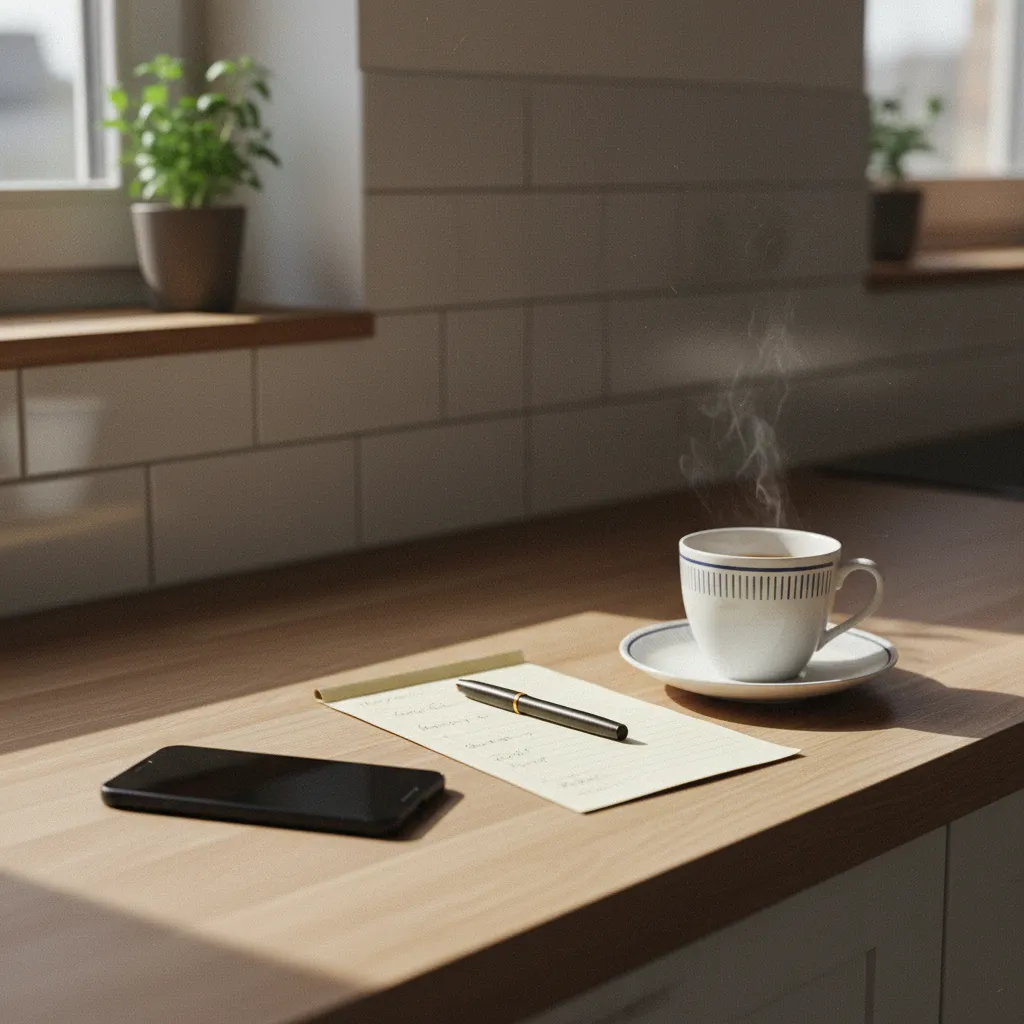 Liste papier et application numérique côte à côte dans une cuisine française