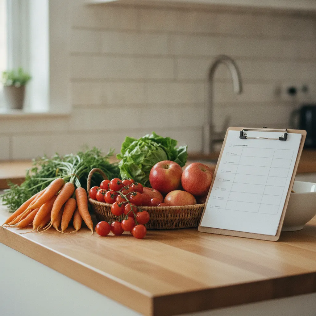 Fruits et légumes frais à côté d'une liste de courses organisée par catégorie alimentaire