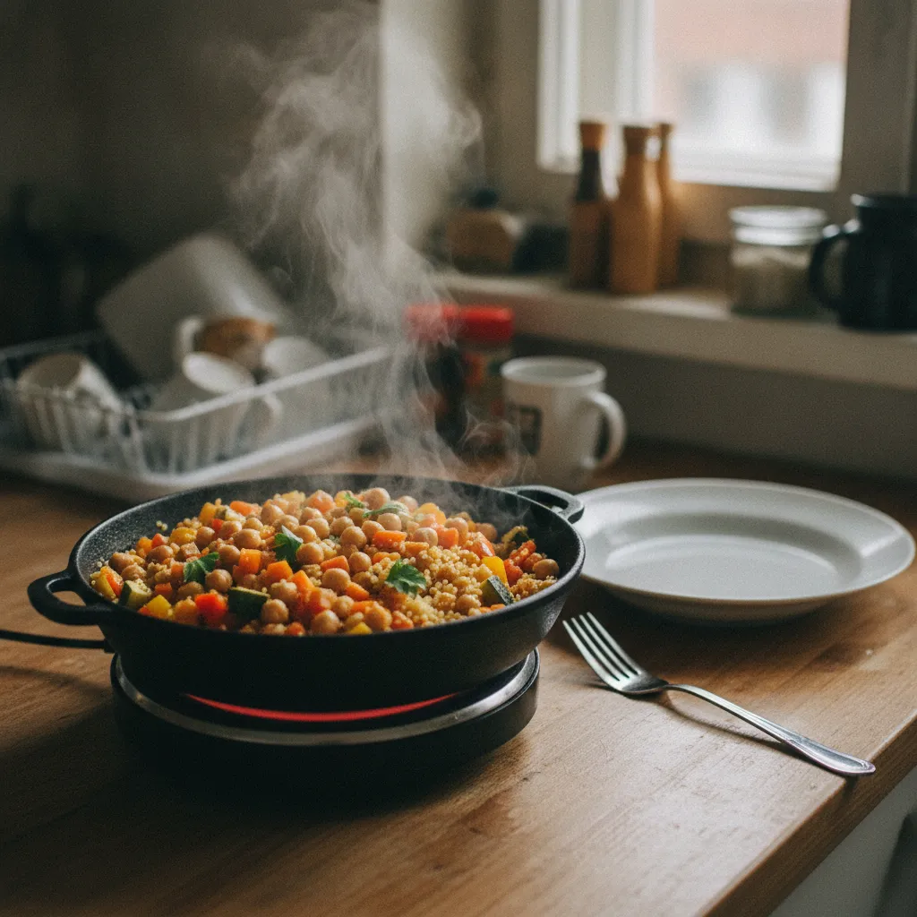 Une semoule façon couscous aux légumes et pois chiches, prête en 15 minutes sur une simple plaque