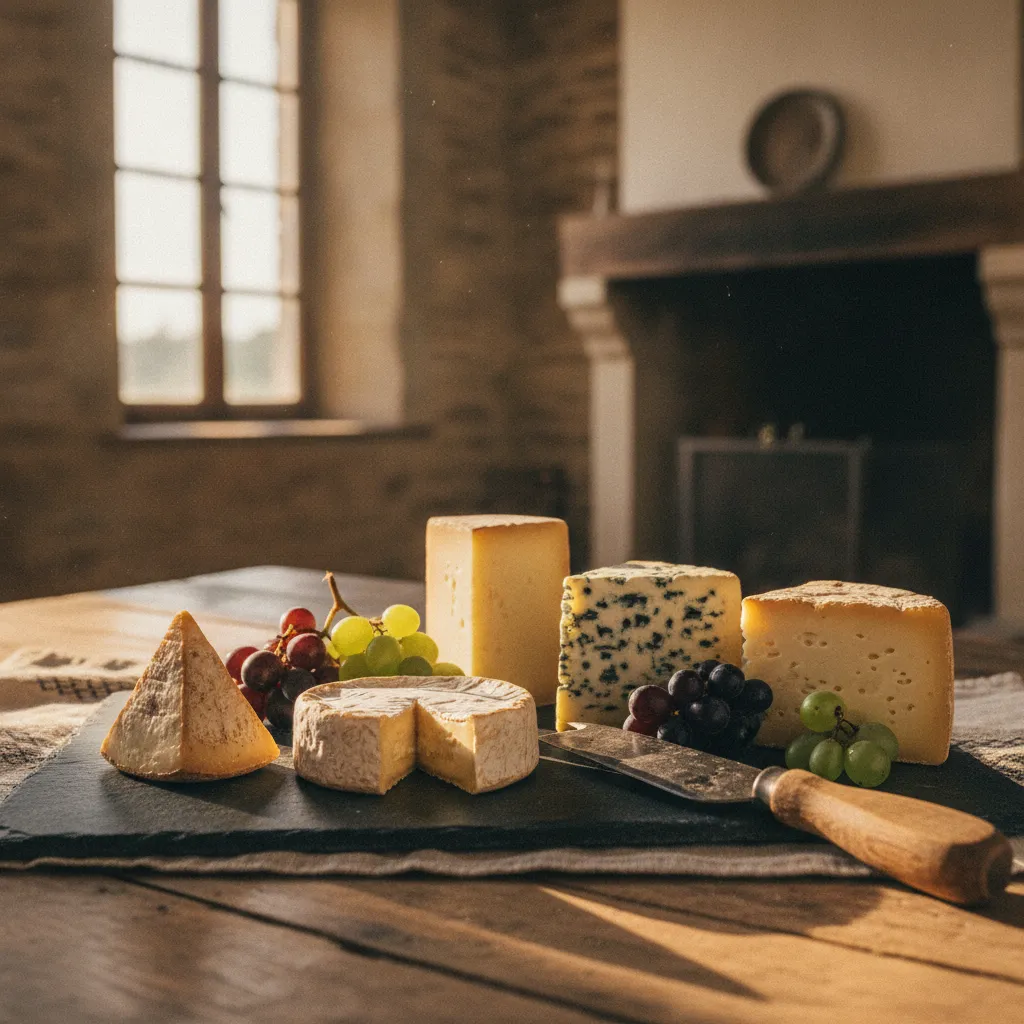 Plateau de fromages AOP français : Comté, Roquefort et Camembert de Normandie