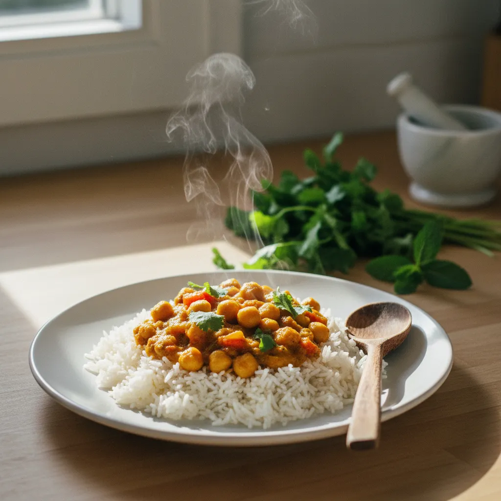 Le curry de pois chiches à la tomate servi sur riz : 1,40 euro par personne