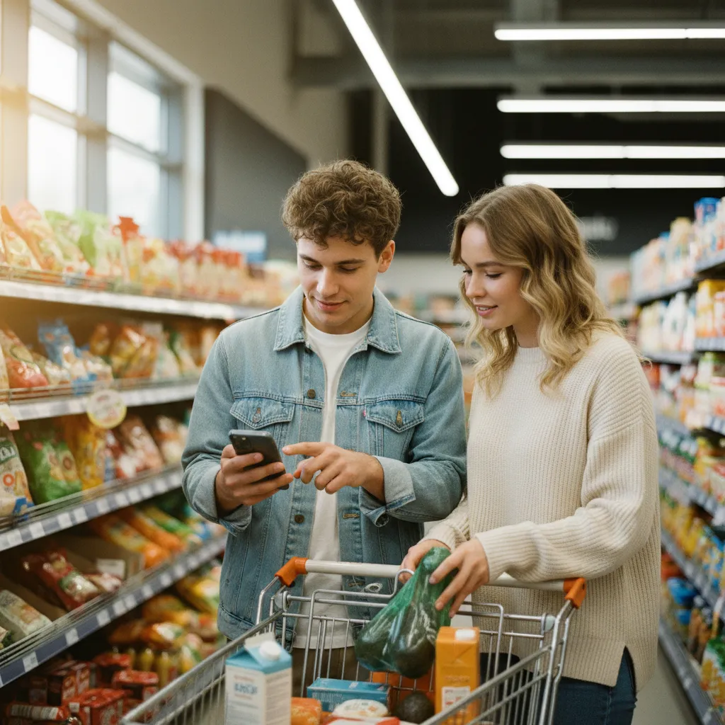 Un couple partage sa liste de courses en temps réel au supermarché