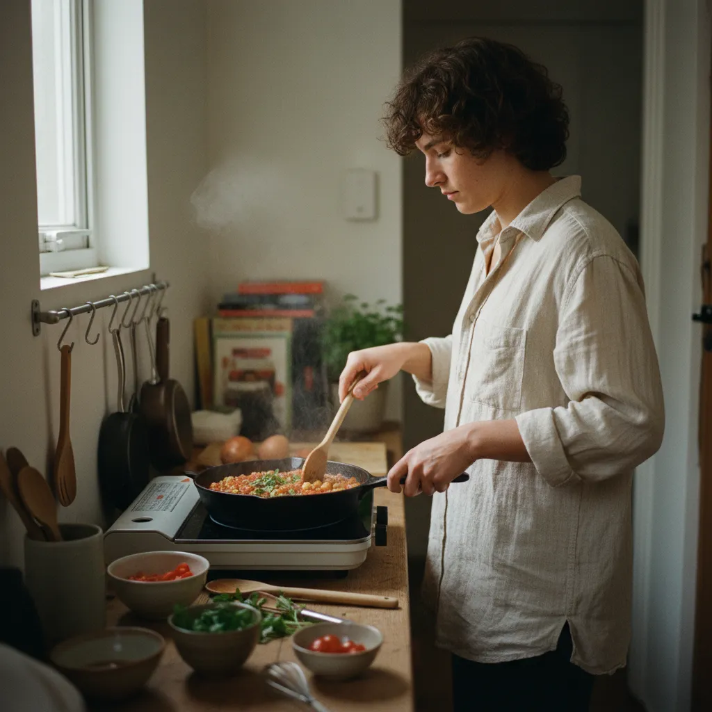Préparer des pois chiches à la tomate sur les deux plaques d'un studio étudiant