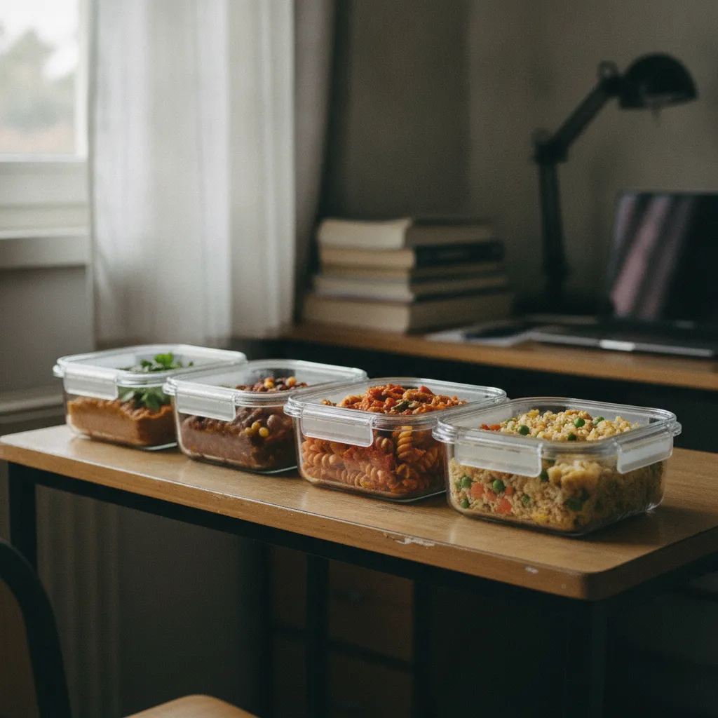 Quatre portions de batch cooking prêtes pour la semaine, préparées en une seule session le dimanche soir