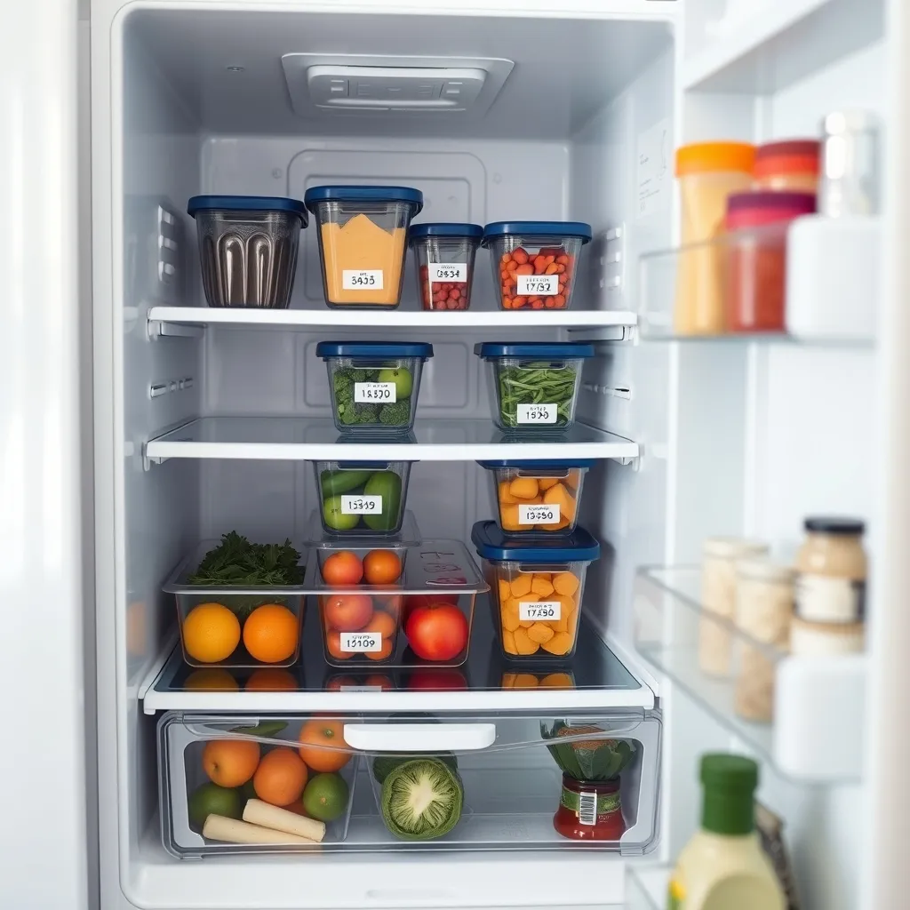 Réfrigérateur organisé avec les boîtes de meal prep étiquetées et rangées
