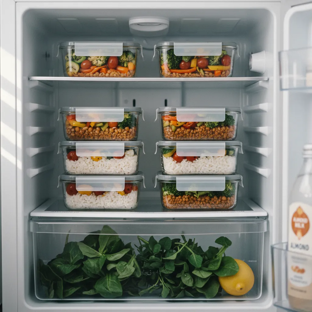Batch cooking étudiant : les portions de la semaine rangées dans un mini-frigo