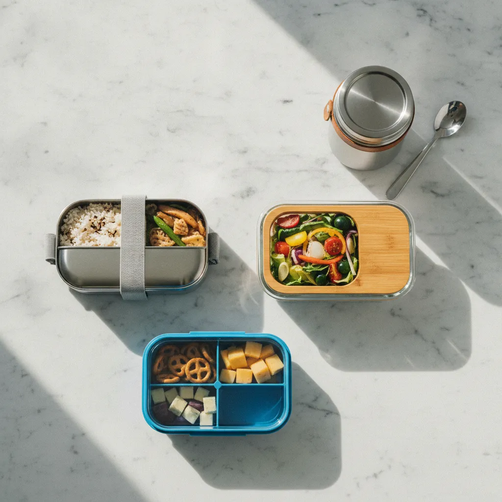 Les différents types de lunch box : verre, inox, plastique et isotherme côte à côte