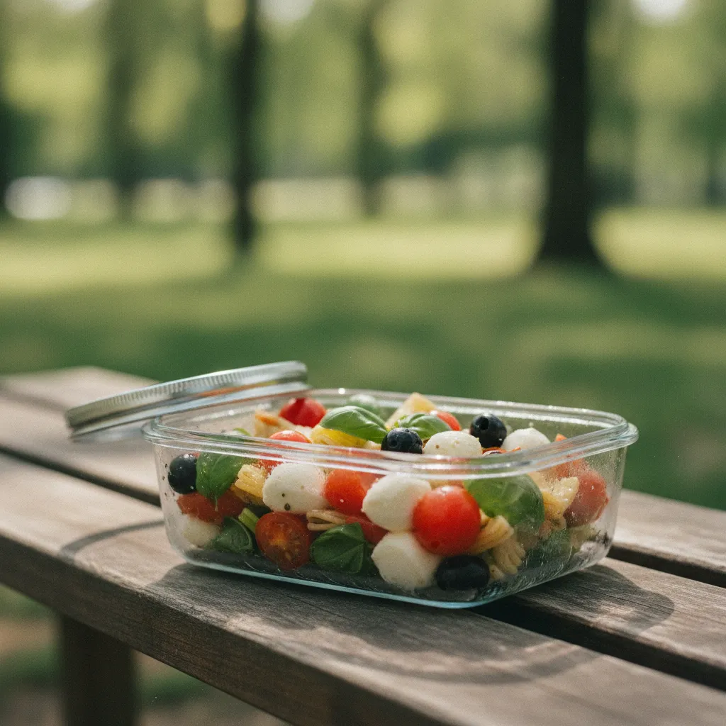 La salade de pâtes méditerranéenne se déguste aussi bien au bureau qu'en extérieur