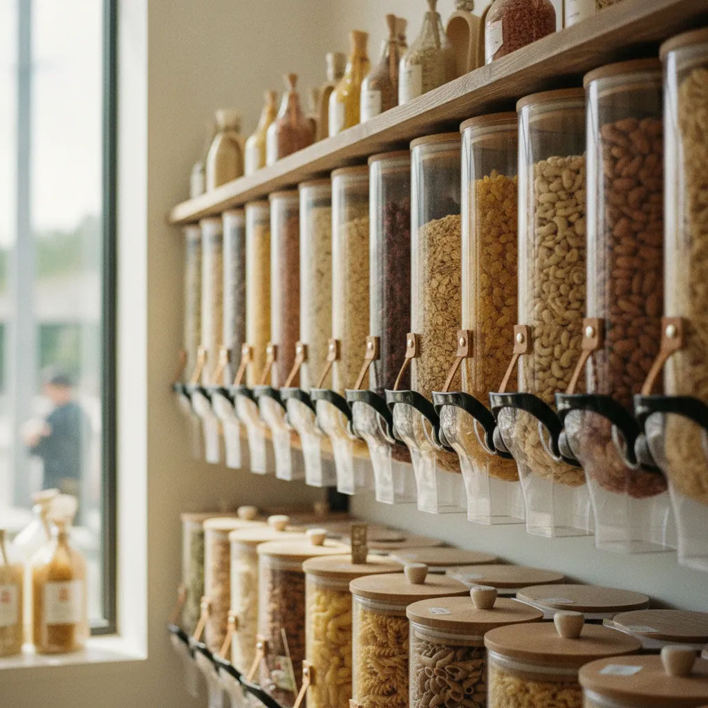 Rayon vrac d'un magasin bio avec céréales et légumineuses en libre-service
